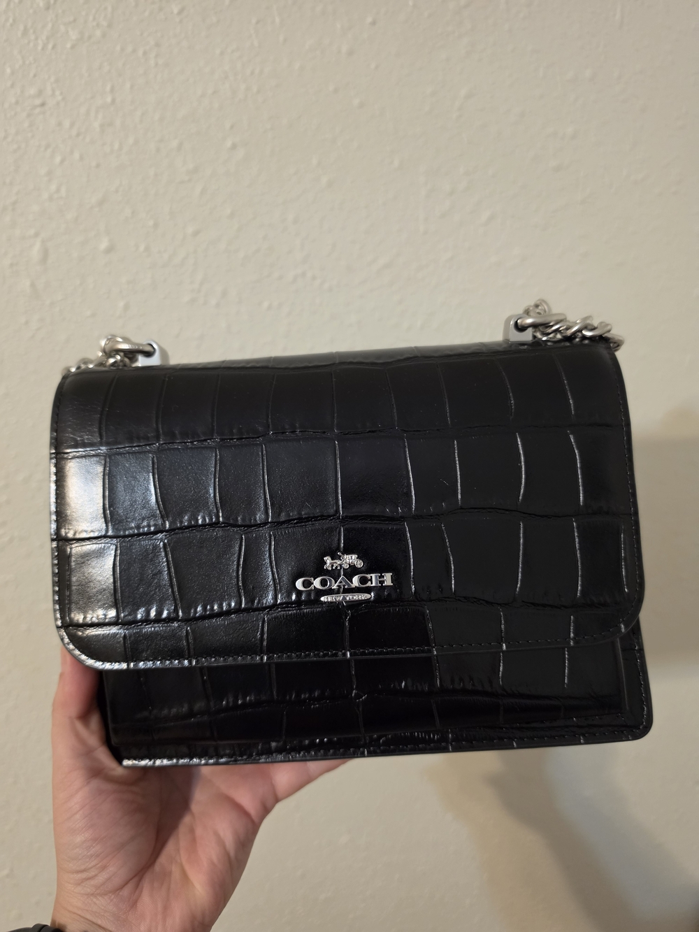 Coach Women's Black Croc-Embossed Leather Shoulder Bag